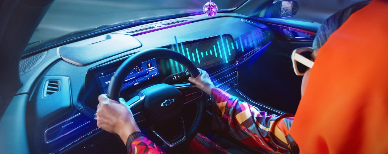 Woman looking out of the car and speech blurbs on the visual